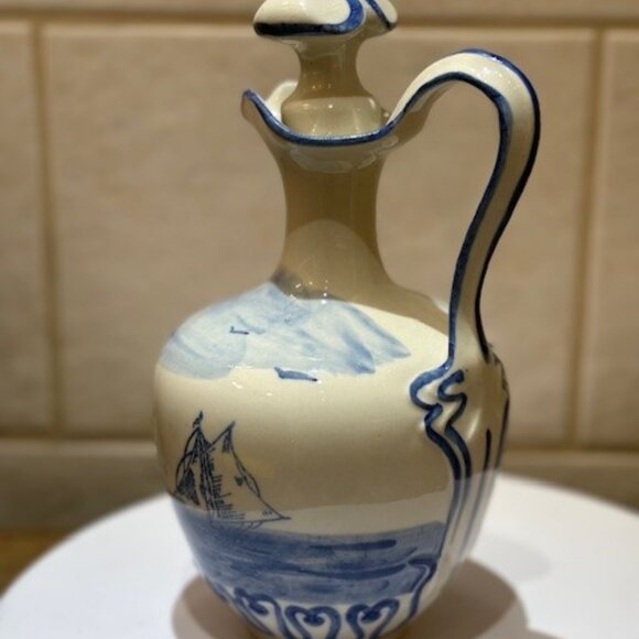 Hand Painted Cruet Wine Pitcher with stopper sailboats Blue/White Made in France - Picture 3 of 8